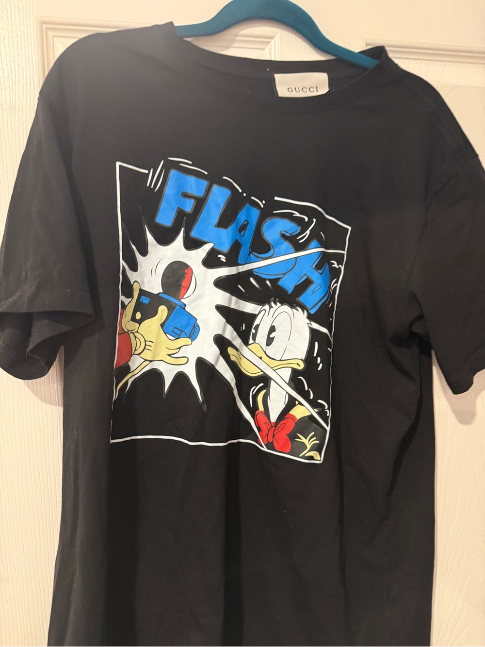 Gucci Black Tee with Blue, Red & Yellow Donald Duck Graphic